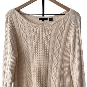 Women’s Sweater L Cream Cable Knit Textured Pullover Cozy-Jeanne Pierre Holiday